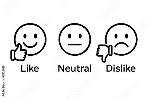 Like, neutral and dislike icon set. Customer satisfaction rating scale. Feedback emoticons with thumbs up and down. Simple vector for survey, review or opinion poll.
