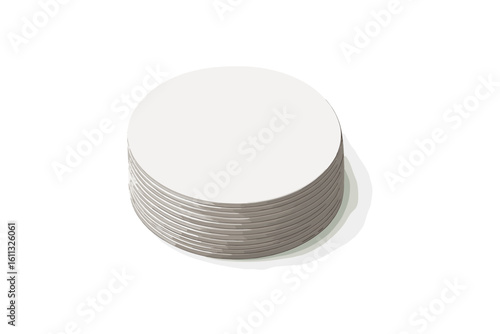 Round paper coaster stack mockup. Realistic blank beer mat template for branding. Vector illustration of circle cardboard coasters isolated on white background. Empty pile.