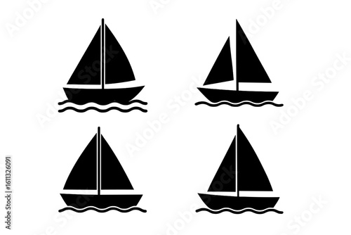 Set of sailing boat black icons. Sailboat silhouette vector illustration. Simple ship or yacht on sea wave symbol for logo. Marine, nautical, travel or regatta concept.