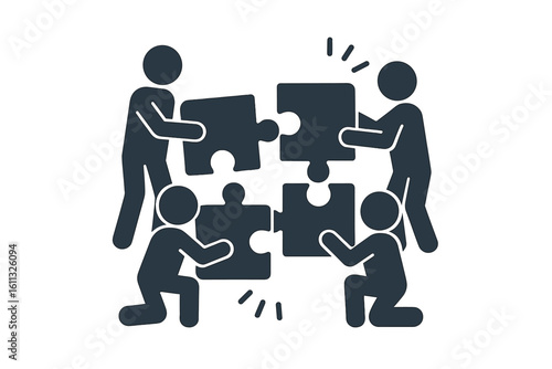Teamwork concept with people connecting puzzle pieces. Metaphor for collaboration, partnership, and business strategy. Solution and support for achieving a common goal.