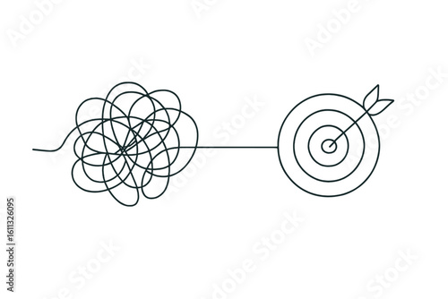 Continuous line drawing of chaos and order. Problem solving concept from mess to clarity. Achievement and success metaphor. Business strategy, goal, and target icon.