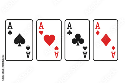 Four aces playing cards set with all suits: hearts, diamonds, clubs, and spades. Gambling symbol collection for poker or casino games. Vector illustration icons isolated.