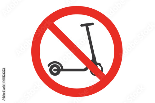 No electric scooter allowed sign. Red prohibition symbol for urban transport. Riding on e-scooters is prohibited. Warning round icon for traffic regulation and safety.