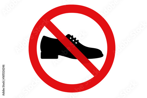 No shoes icon. Remove footwear warning sign. Shoes not allowed symbol. Prohibition and forbidden concept. Red round stop sticker for public places. Vector illustration.