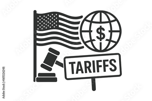 American tariffs and US government import taxation. USA trade war policy and domestic market protectionism. Global economic dispute, conflict and sanctions concept icon.