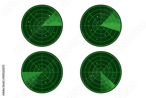 Set of green radar screens with scanning sonar. Vector illustration for military, navigation or technology concepts. HUD interface with target detection on transparent background.