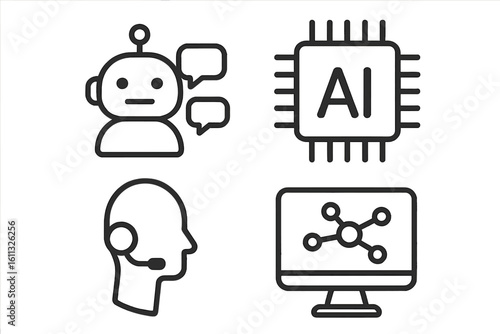 AI technology line icon set with chatbot, virtual assistant, processor chip, and neural network symbols. Vector graphics for machine learning, data science, and customer support.