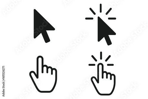 Cursor icons set in hand and arrow forms. Mouse click cursor collection with pointer icons. Vector illustration for web design, UI, UX, and computer interface elements.