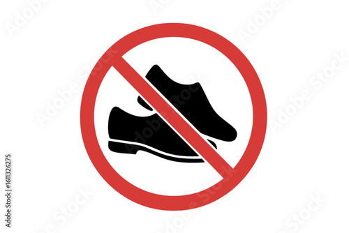 No shoes allowed vector icon. Remove footwear prohibition sign collection. Forbidden shoes symbol for entrance or warning notice. Red round crossed out circle illustration.