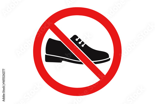 No shoes warning sign vector. Remove footwear symbol. Shoes not allowed prohibition icon. Keep shoes off sticker concept. Stop, forbidden and restricted entry sign.