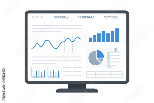 Data analytics dashboard on computer screen. Business intelligence report with graphs and charts for monitoring performance. Financial statistics and information analysis concept.