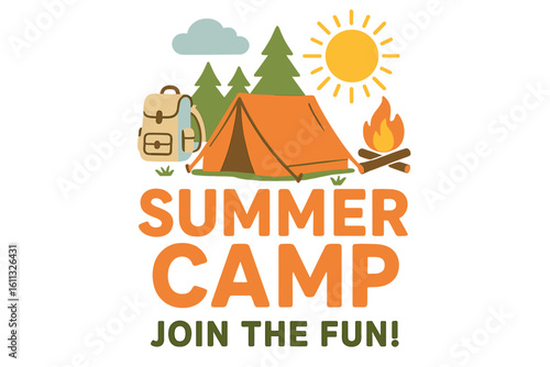 Summer camp vector illustration for kids. Camping adventure poster design with tent, bonfire, and backpack. Outdoor nature travel and hiking fun for children. Scout clipart.