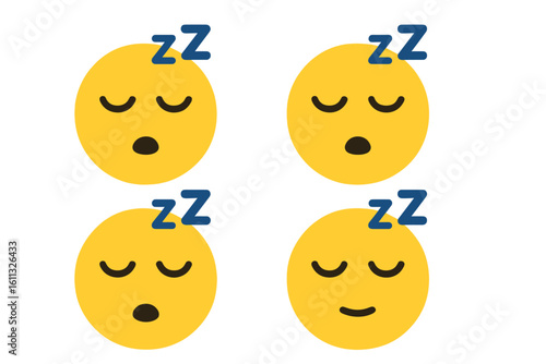 Sleeping emoji faces vector icon set. Sleepy emoticon characters illustration. Tired yellow face with zzz symbol. Cartoon comic design element for sleep, nap, rest.
