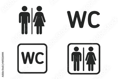 WC toilet restroom sign vector icon set. Man and woman symbol. Public bathroom pictogram. Male and female gender silhouette for lavatory door. Black flat illustration isolated.