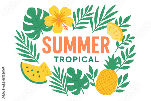 Summer tropical vector illustration with exotic fruits and palm leaves. Modern lettering design with pineapple, watermelon, and hibiscus for a holiday poster or party banner.