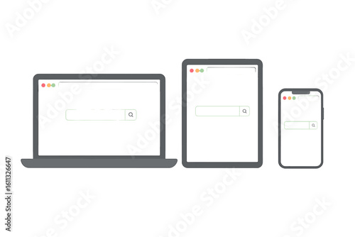 Browser window mockup on laptop, tablet, and smartphone. Web page frame template for responsive design. Simple blank internet search screen for UI UX design concept.