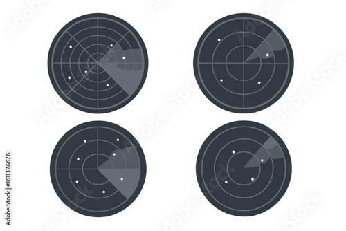 Set of radar screens vector illustration. Sonar display with targets. Navigation and detection interface. Military technology for searching aircraft or submarines on screen.