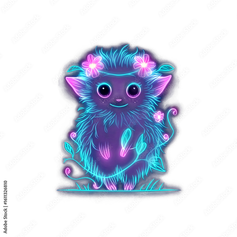 Fototapeta premium Cute Glowing Forest Creature PNG Set – Fantasy Neon Animals with Floral Crowns and Bioluminescent Fur – Magical Cartoon Clipart with Transparent Background for Stickers, Prints and Digital Projects