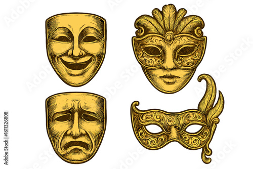 Set of vintage golden theater and carnival masks. Comedy and tragedy symbols. Venetian masquerade illustrations. Drama and emotion concept vector on transparent background.