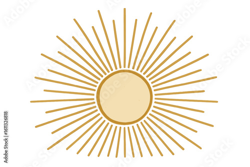 Vintage sunburst background vector illustration. Golden sun with rays symbol. Retro sunshine icon for logo design. Boho celestial graphic element on transparent background.