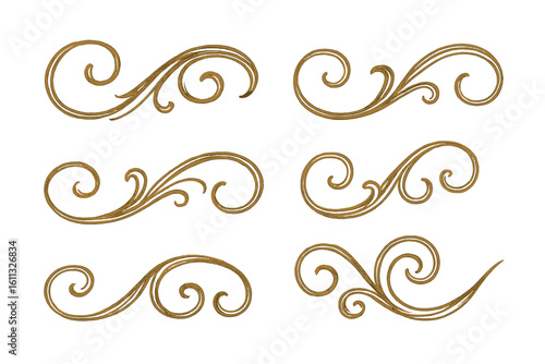 Vintage swirl flourishes set. Hand-drawn elegant gold ornamental filigree scrolls. Decorative calligraphy divider elements for classic design. Vector illustration isolated.
