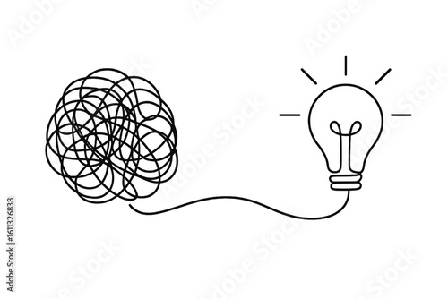 Simplifying the complex, chaos to clarity. Continuous line art of a tangled mess becoming a light bulb. Metaphor for problem solving, innovation, business solution and ideas.