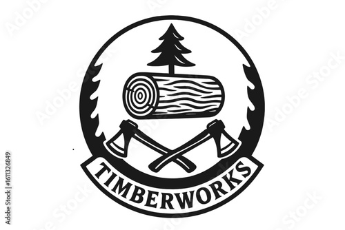 Lumberjack timber works logo concept. Vintage forestry emblem with crossed axes and wood log. Retro carpentry or sawmill badge design. Monochrome vector illustration.