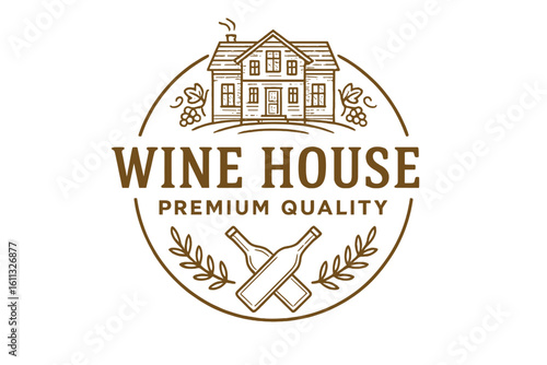 Wine house logo vintage vector. Winery farm icon. Retro alcohol drink badge. Grape vineyard illustration. Premium quality label for bottle or menu. Line art symbol.