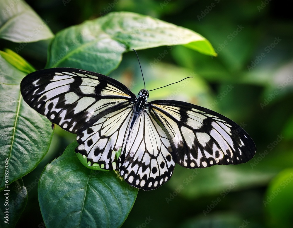 Naklejka premium beautiful black and white butterfly resting on green leaves