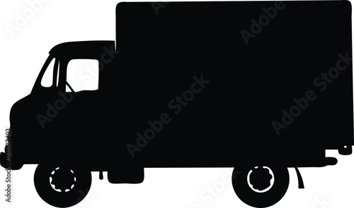 Classic box truck silhouette in black vector with window and wheels


