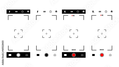 Camera interface in phone screen. Photo, video ui in cellphone. App for record from mobile cam.  Smartphone mockup for photography.