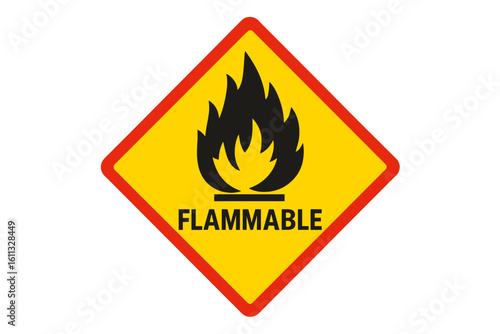 Flammable material warning sign. Hazard symbol for safety. Fire danger icon. Risk of flammable gases, liquids, solids, aerosols. Caution sticker label vector illustration.