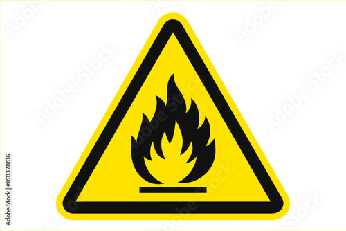 Flammable material warning sign with fire icon. Hazard symbol for safety alert. Danger triangle for combustible, inflammable liquids, gases, solids. Vector illustration.