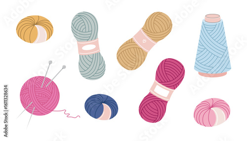 Collection of Colorful Yarn Balls and Skeins in Flat Style