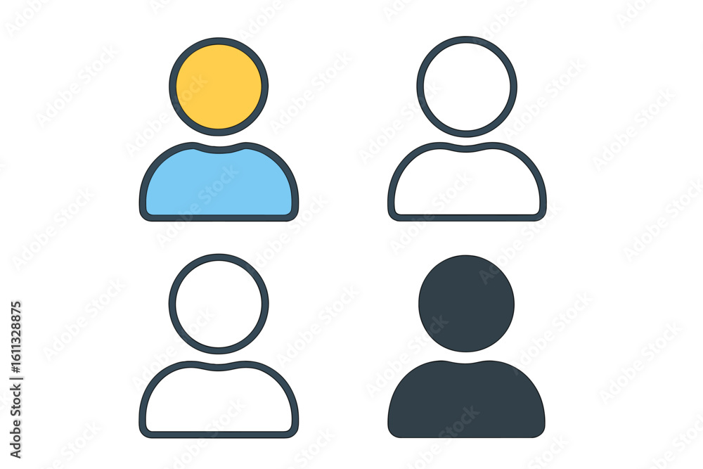 User icon set for web and app design. Profile avatar symbol collection. Includes colored, outline, and solid styles. Person silhouette for member account page. Editable stroke. User icon set for web and app design. Profile avatar symbol collection. Includes colored, outline, and solid styles. Person silhouette for member account page. Editable stroke.
