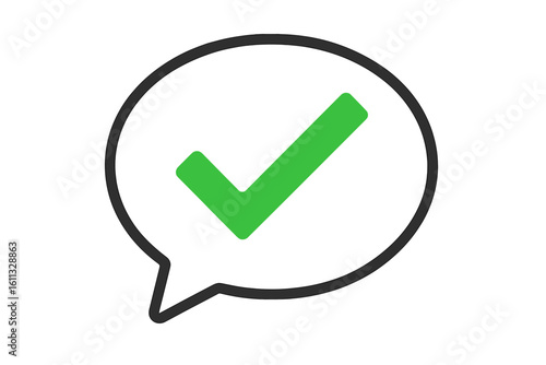 Green check mark icon in speech bubble. Approval tick sign for success or confirmation. Yes vote, accept, correct, or agree symbol. Vector illustration for validation concept.
