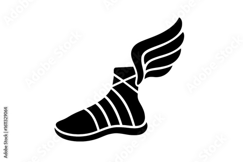 Winged Sandal Icon, Mythological Hermes Shoe Symbol, Speed and Flight Concept, Modern Minimalist Fantasy Footwear, Black Silhouette Vector Illustration, Legendary Messenger Motif