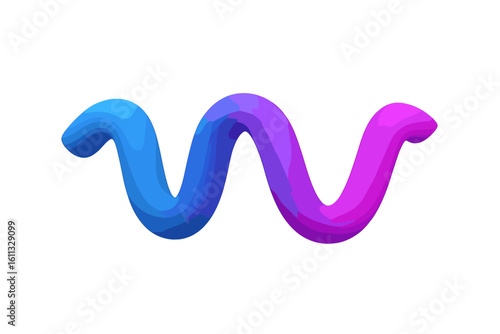 3D wave squiggle shape with vibrant gradient. Abstract fluid flowing line. Modern plastic tube form. Curvy liquid design element for background. Blue, purple, pink colors.