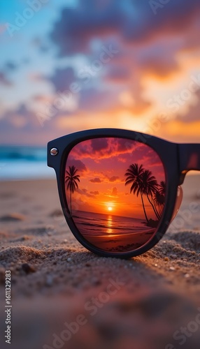 Wallpaper Mural Experience a vibrant tropical sunset through sunglasses on the beach, capturing the essence of summer vacation and tranquil coastal vibes, dreamy escape Torontodigital.ca