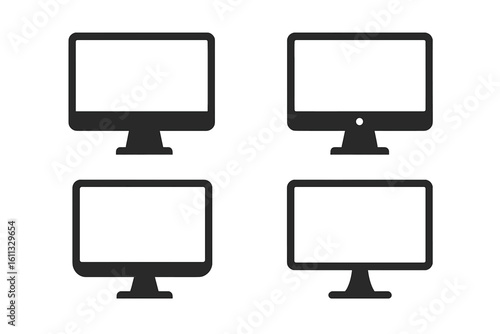 Computer monitor icon set. Flat desktop screen silhouette. Vector graphic symbol for web design. PC technology display illustration. Isolated electronic device collection.
