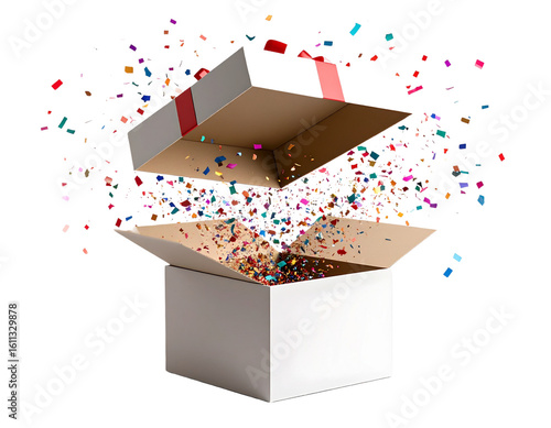 Open Gift Box with Lid Tilted and Confetti Bursting Out, Diagonal Angle, Transparent PNG
