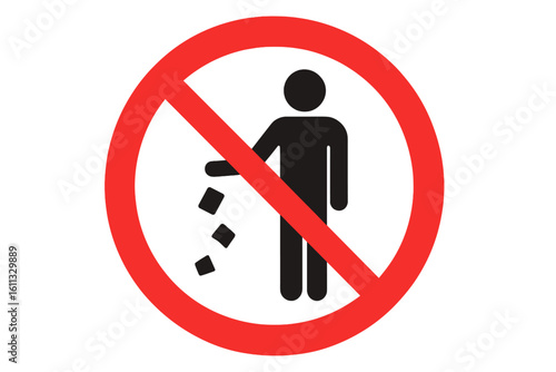 Do not litter sign. No littering symbol. Forbidden icon for waste, garbage, and trash. Environmental protection concept. Red prohibition circle. Man throwing rubbish.