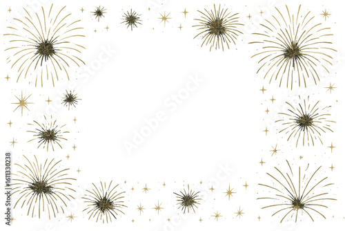 Gold fireworks border frame with glitter stars and sparkles. Festive celebration background for New Year, 4th of July, party invitation banner. Holiday vector illustration.
