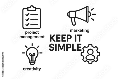 Keep it simple business concept with icons for project management, marketing, and creativity. KISS principle for streamlined process and efficiency. Vector icon set.