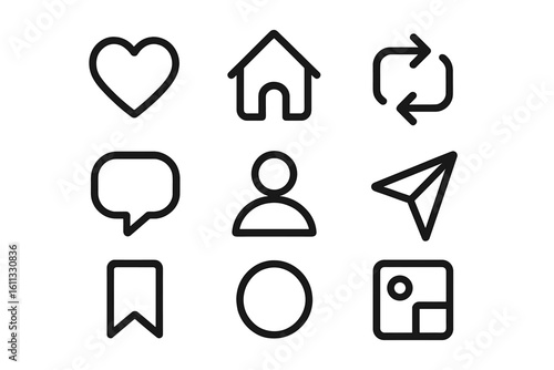 Social media interface icons collection. Line art vector set for UI and UX design including like, home, share, comment, profile, save, post, and stories symbols.