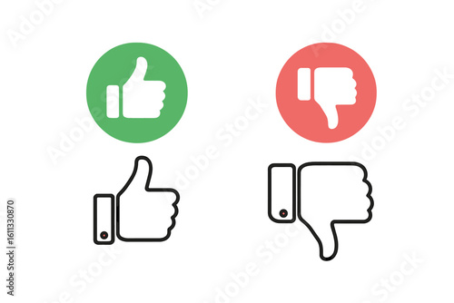 Like and dislike icons set. Thumps up and thumbs down symbol collection. Green for approve and red for reject. Positive and negative feedback. Social media vote button.