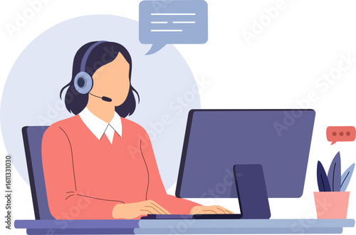Customer Service Support: A graphic depicting a person using headset provides customer service and support at work.  