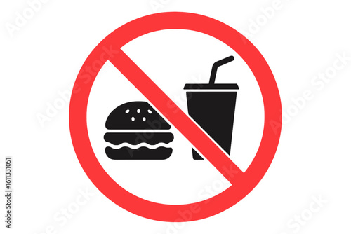 No food and no drink sign. Eating and drinking is prohibited. Forbidden symbol with burger and soda. Red prohibition warning circle icon. Vector illustration isolated.