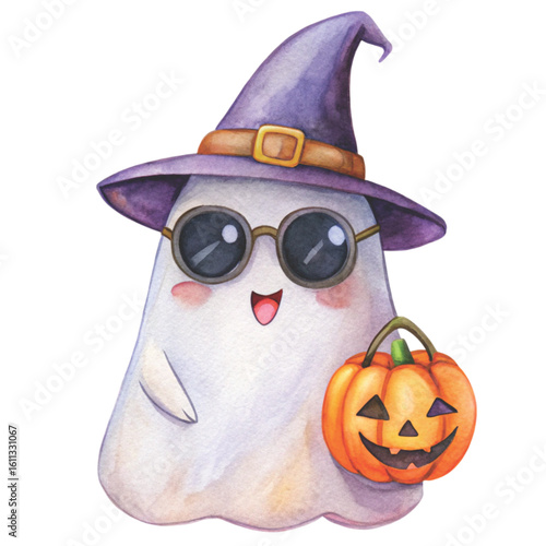 Cute kawaii ghost hugging a smiling Witch hat and sunglasses 