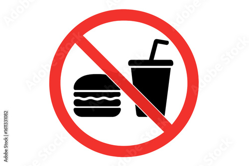 No food and drink sign. Red prohibition symbol. Eating and drinking not allowed icon. Forbidden food and beverage pictogram for public places. Vector illustration isolated.